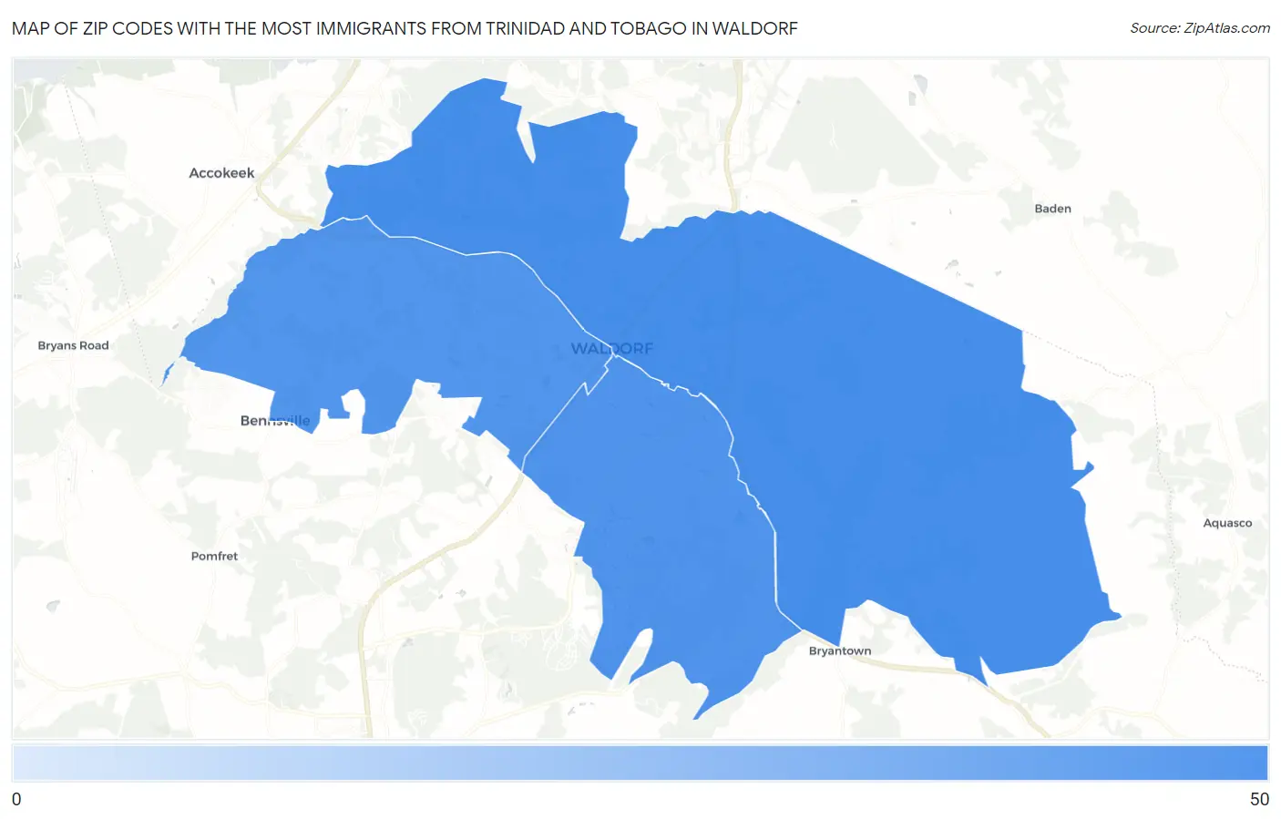 Zip Codes with the Most Immigrants from Trinidad and Tobago in Waldorf Map