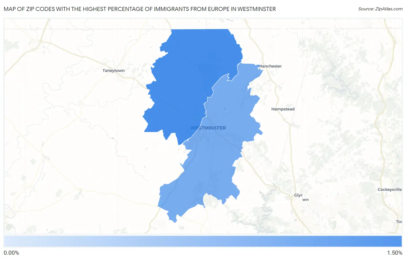 Zip Codes with the Highest Percentage of Immigrants from Europe in Westminster Map