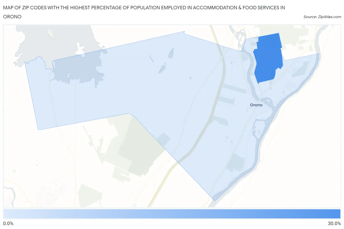 Zip Codes with the Highest Percentage of Population Employed in Accommodation & Food Services in Orono Map