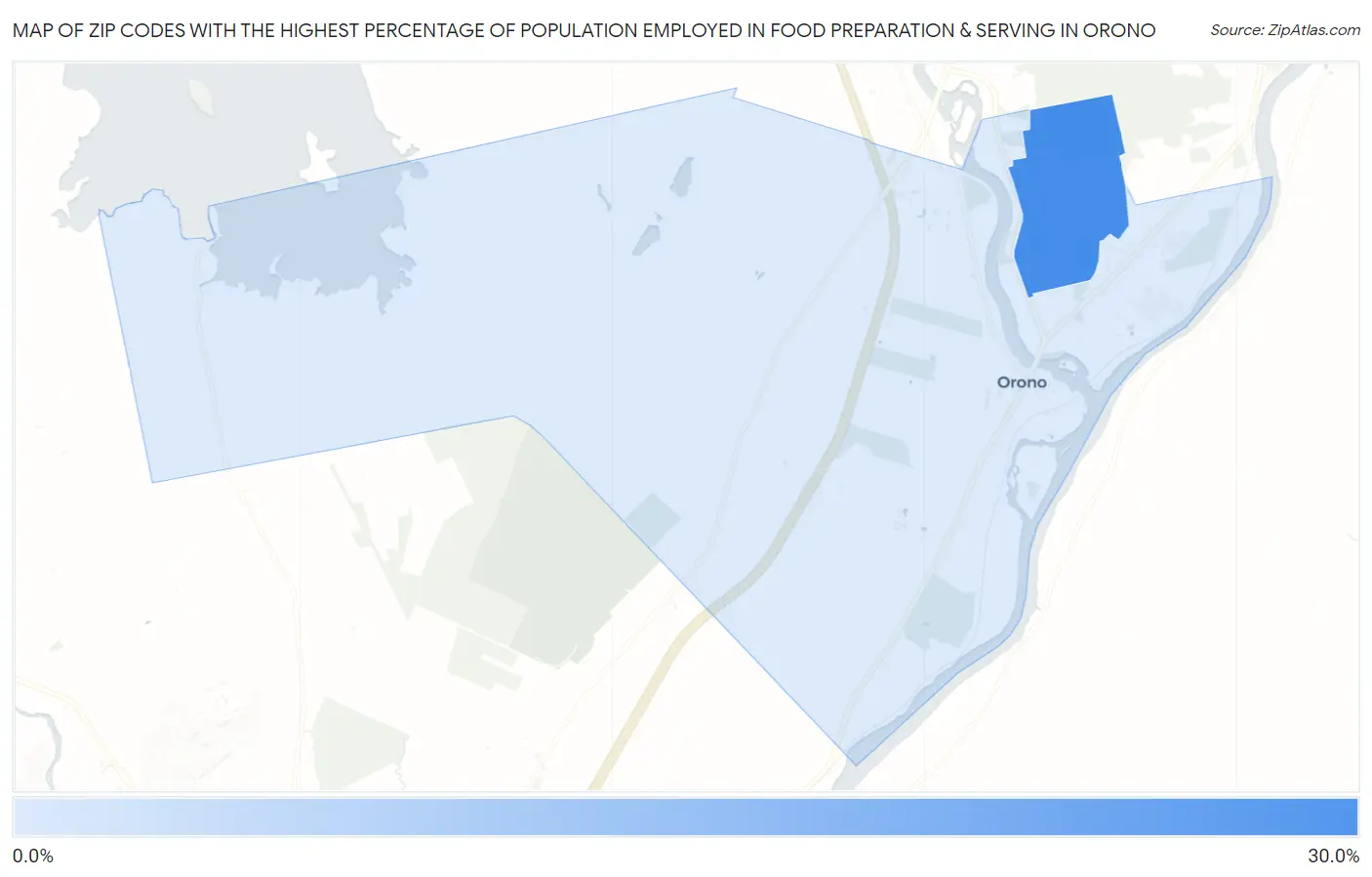 Zip Codes with the Highest Percentage of Population Employed in Food Preparation & Serving in Orono Map