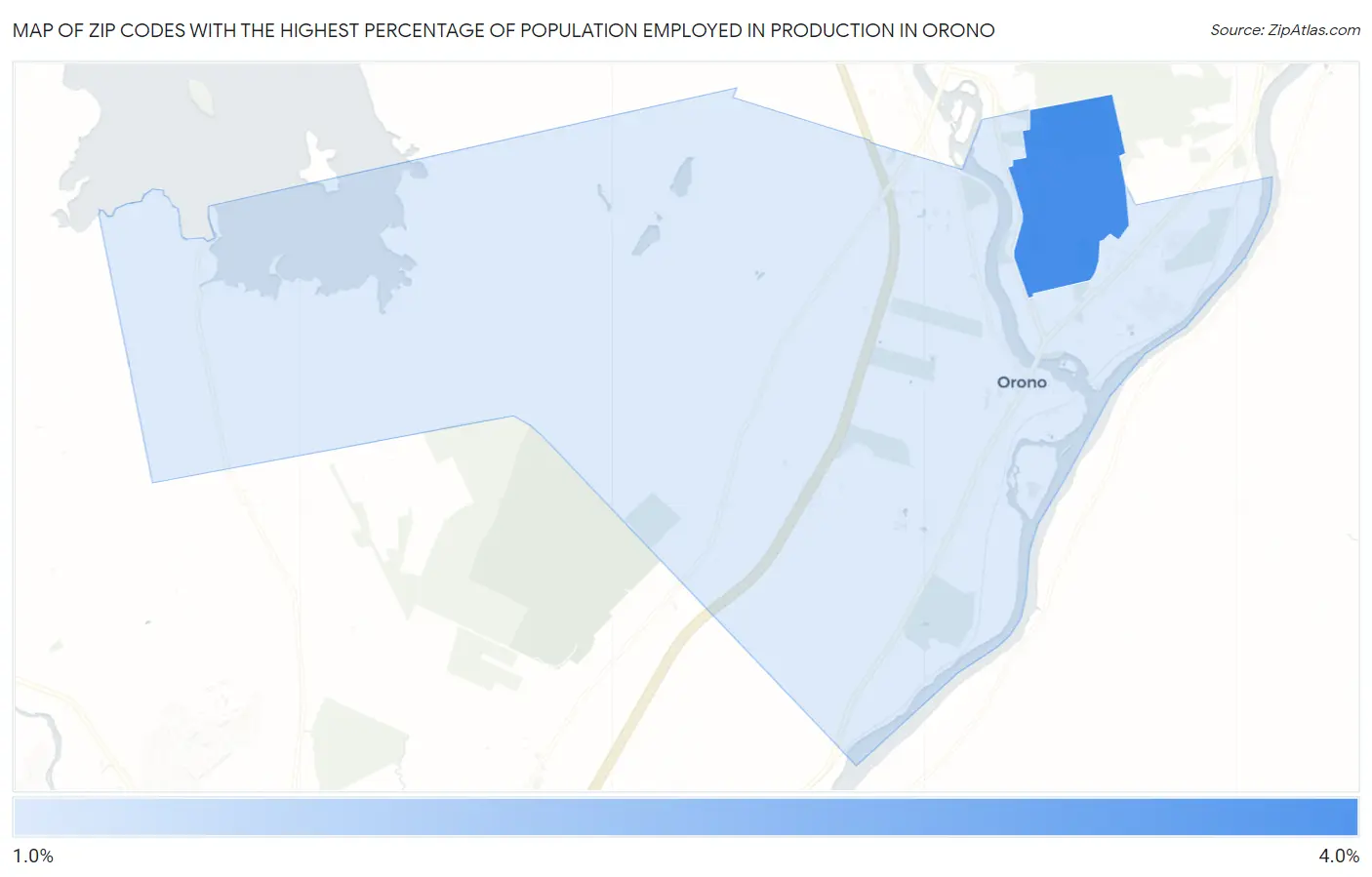 Zip Codes with the Highest Percentage of Population Employed in Production in Orono Map