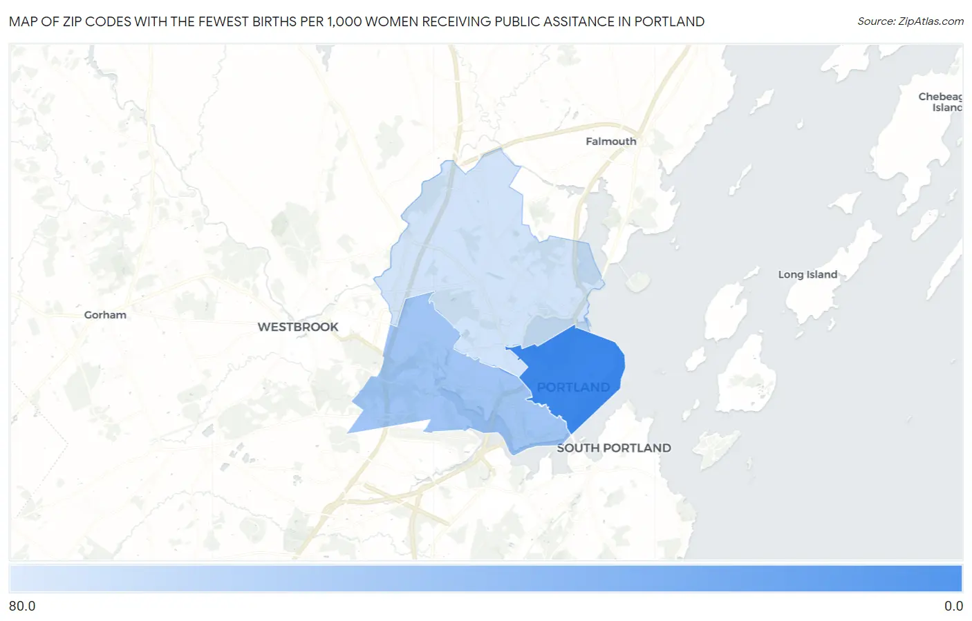 Zip Codes with the Fewest Births per 1,000 Women Receiving Public Assitance in Portland Map