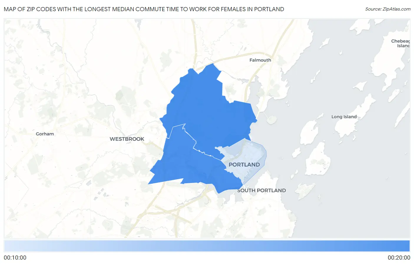 Zip Codes with the Longest Median Commute Time to Work for Females in Portland Map