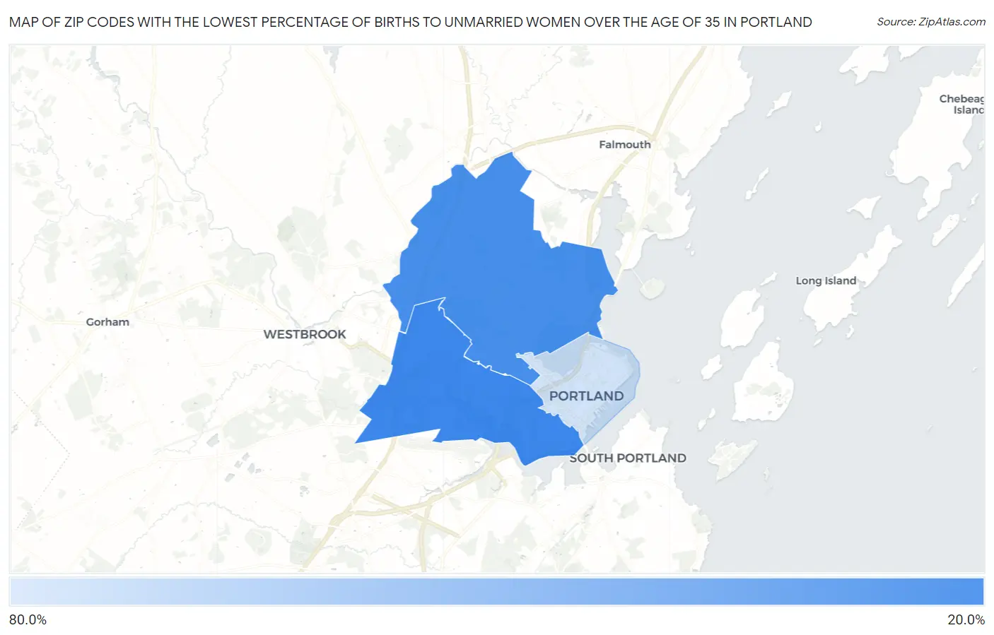 Zip Codes with the Lowest Percentage of Births to Unmarried Women over the Age of 35 in Portland Map