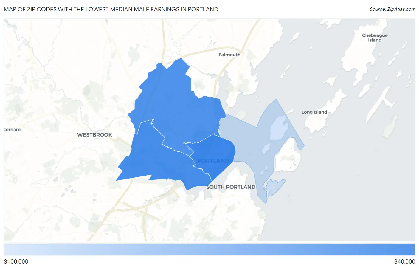 Zip Codes with the Lowest Median Male Earnings in Portland Map