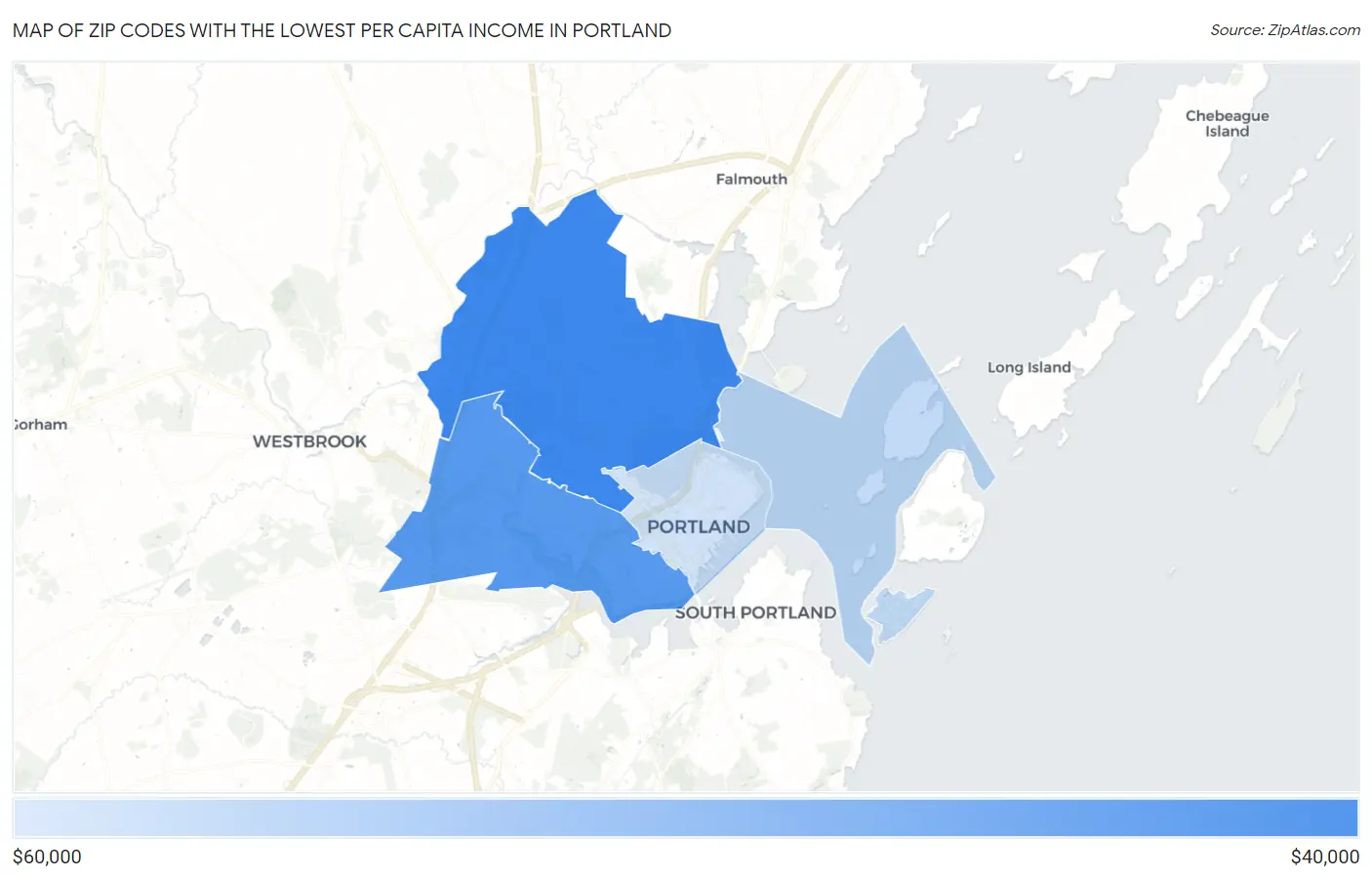 Zip Codes with the Lowest Per Capita Income in Portland Map