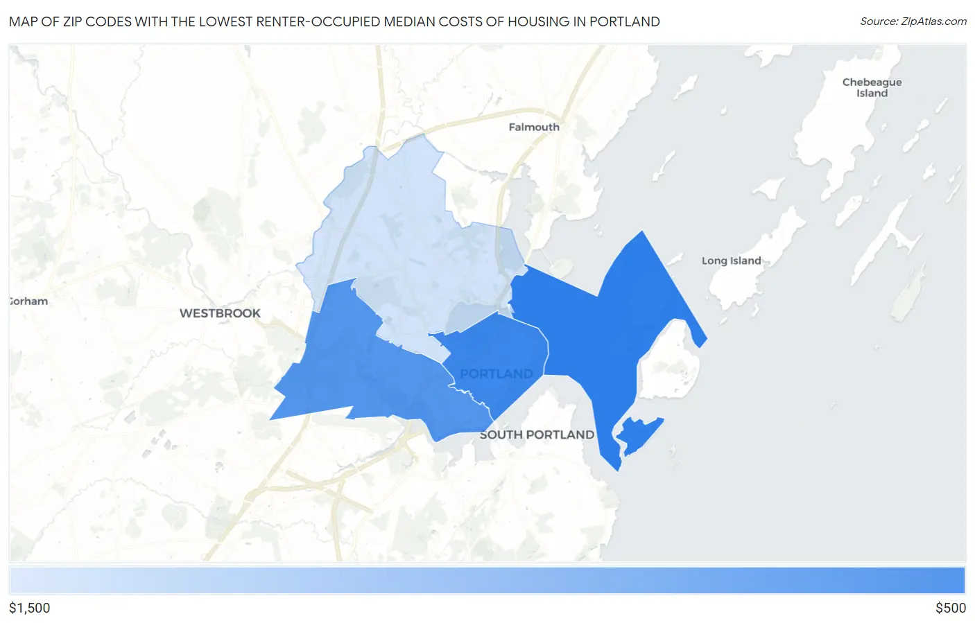 Zip Codes with the Lowest Renter-Occupied Median Costs of Housing in Portland Map