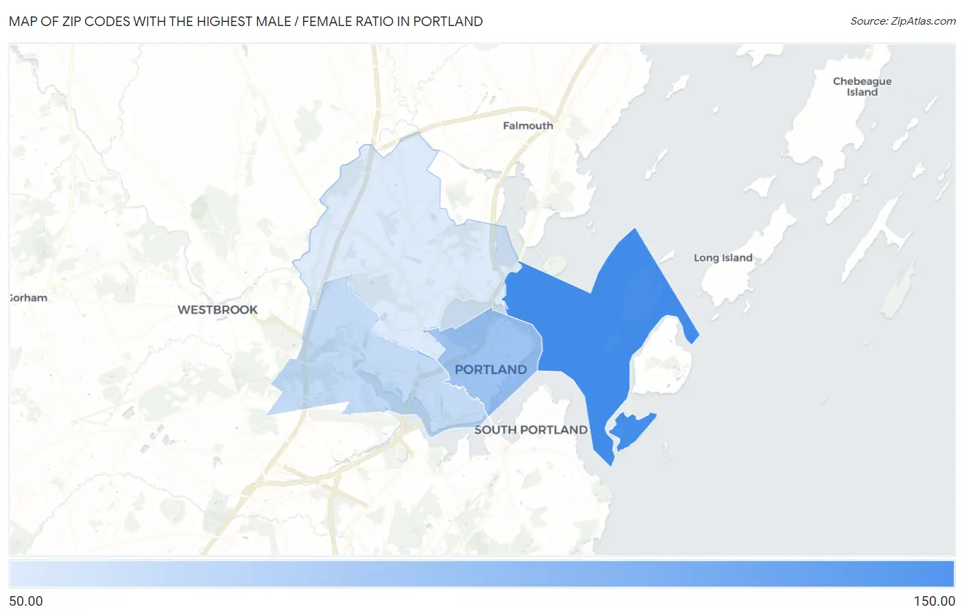 Zip Codes with the Highest Male / Female Ratio in Portland Map