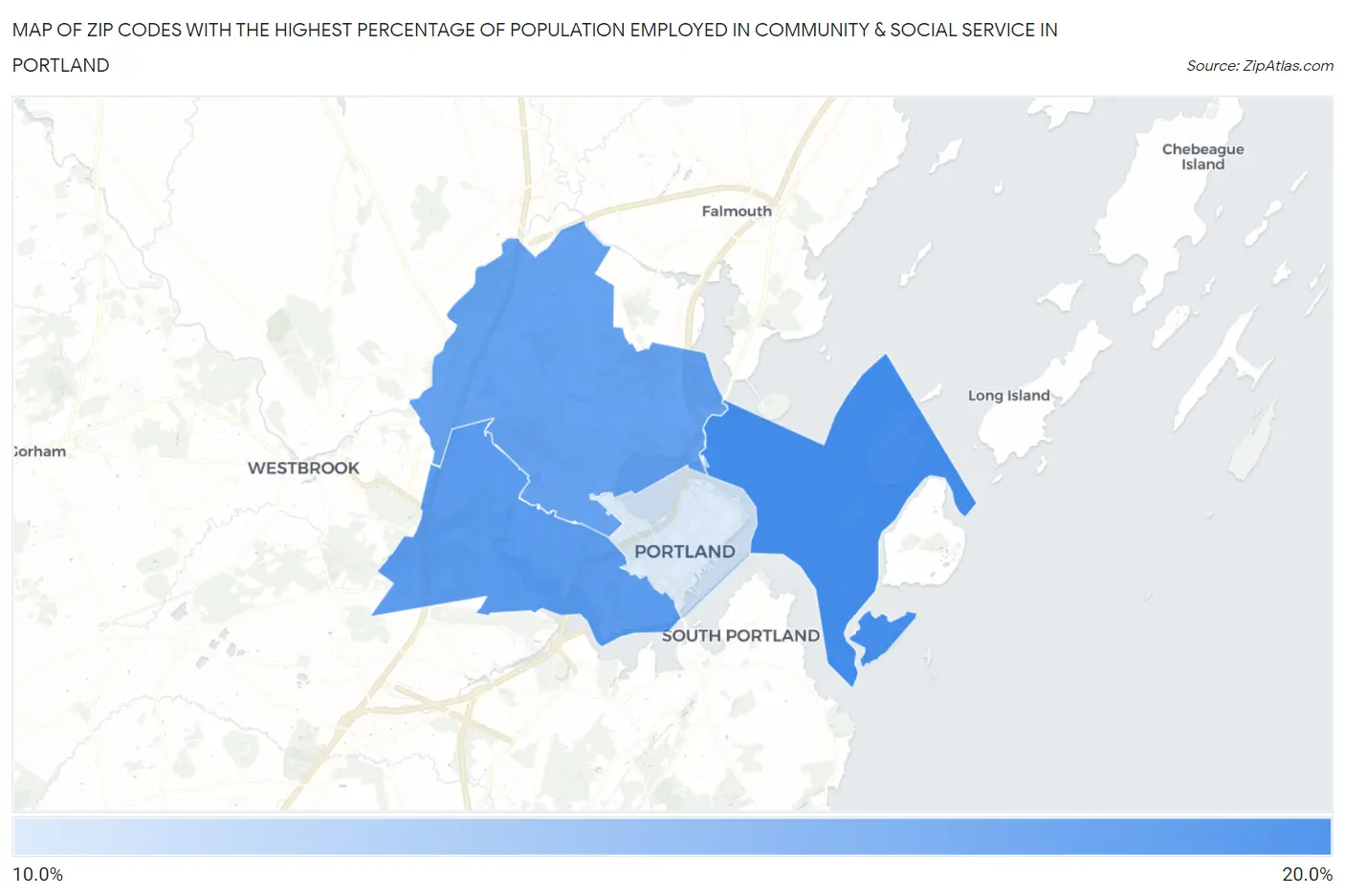 Zip Codes with the Highest Percentage of Population Employed in Community & Social Service  in Portland Map
