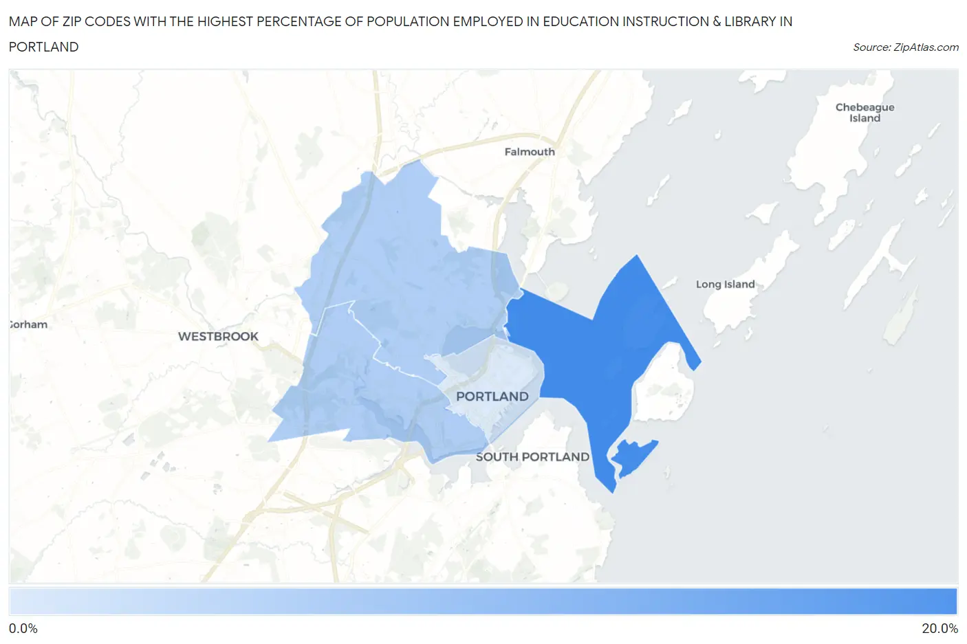 Zip Codes with the Highest Percentage of Population Employed in Education Instruction & Library in Portland Map