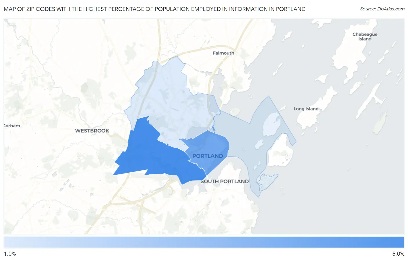 Zip Codes with the Highest Percentage of Population Employed in Information in Portland Map