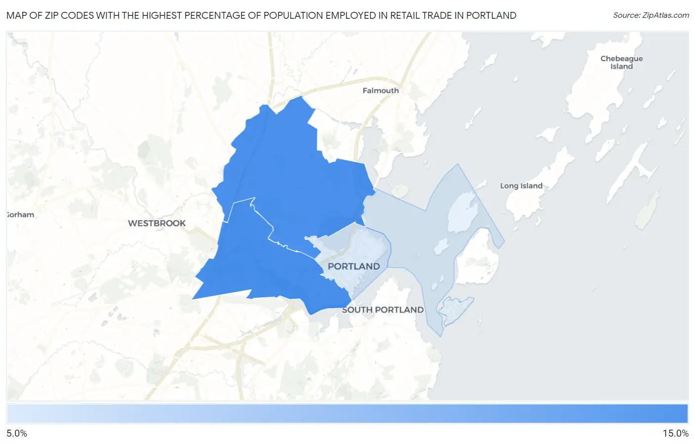 Zip Codes with the Highest Percentage of Population Employed in Retail Trade in Portland Map
