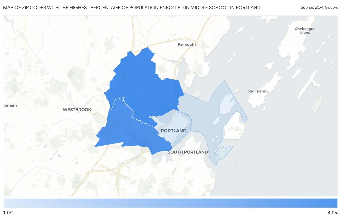 Zip Codes with the Highest Percentage of Population Enrolled in Middle School in Portland Map