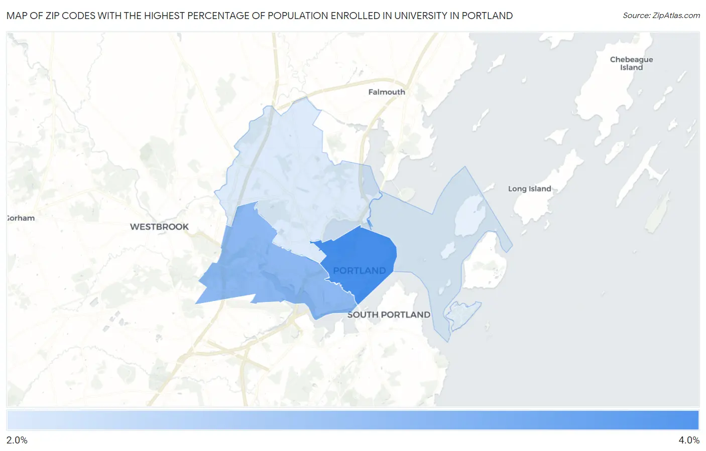 Zip Codes with the Highest Percentage of Population Enrolled in University in Portland Map