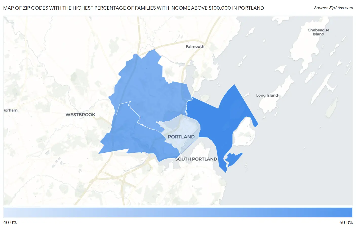 Zip Codes with the Highest Percentage of Families with Income Above $100,000 in Portland Map