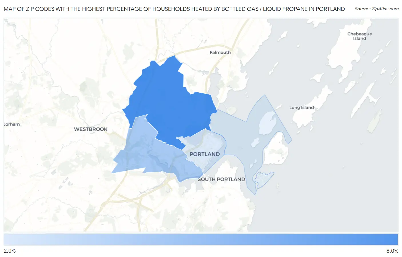 Zip Codes with the Highest Percentage of Households Heated by Bottled Gas / Liquid Propane in Portland Map