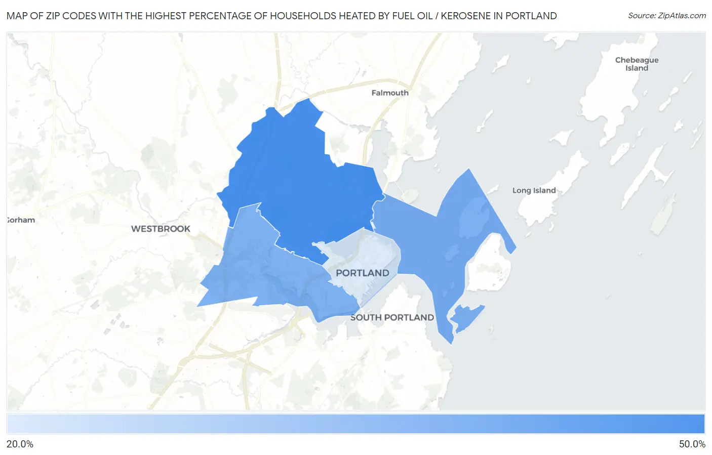 Zip Codes with the Highest Percentage of Households Heated by Fuel Oil / Kerosene in Portland Map