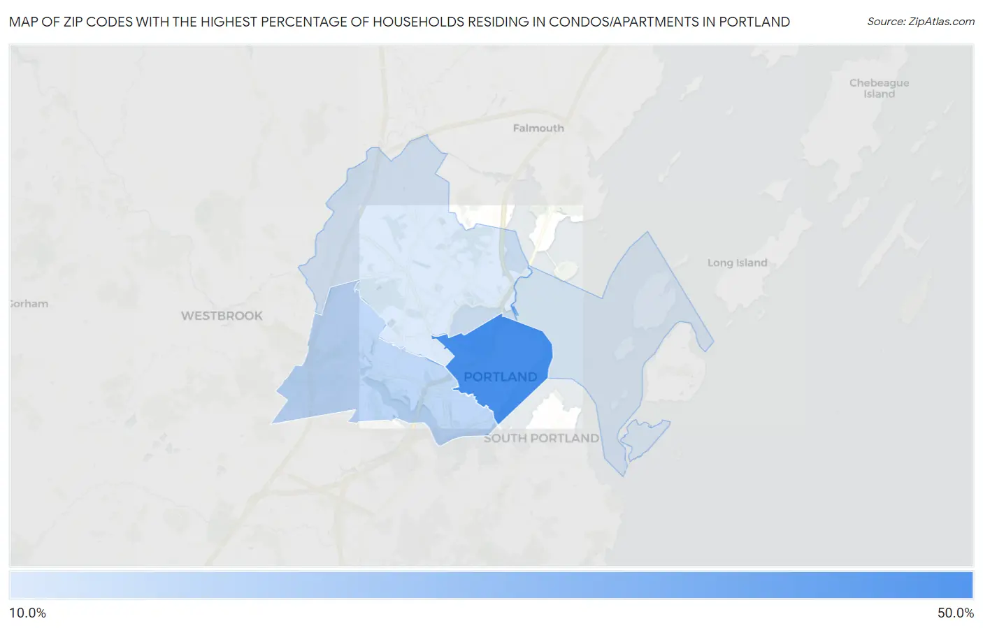 Zip Codes with the Highest Percentage of Households Residing in Condos/Apartments in Portland Map