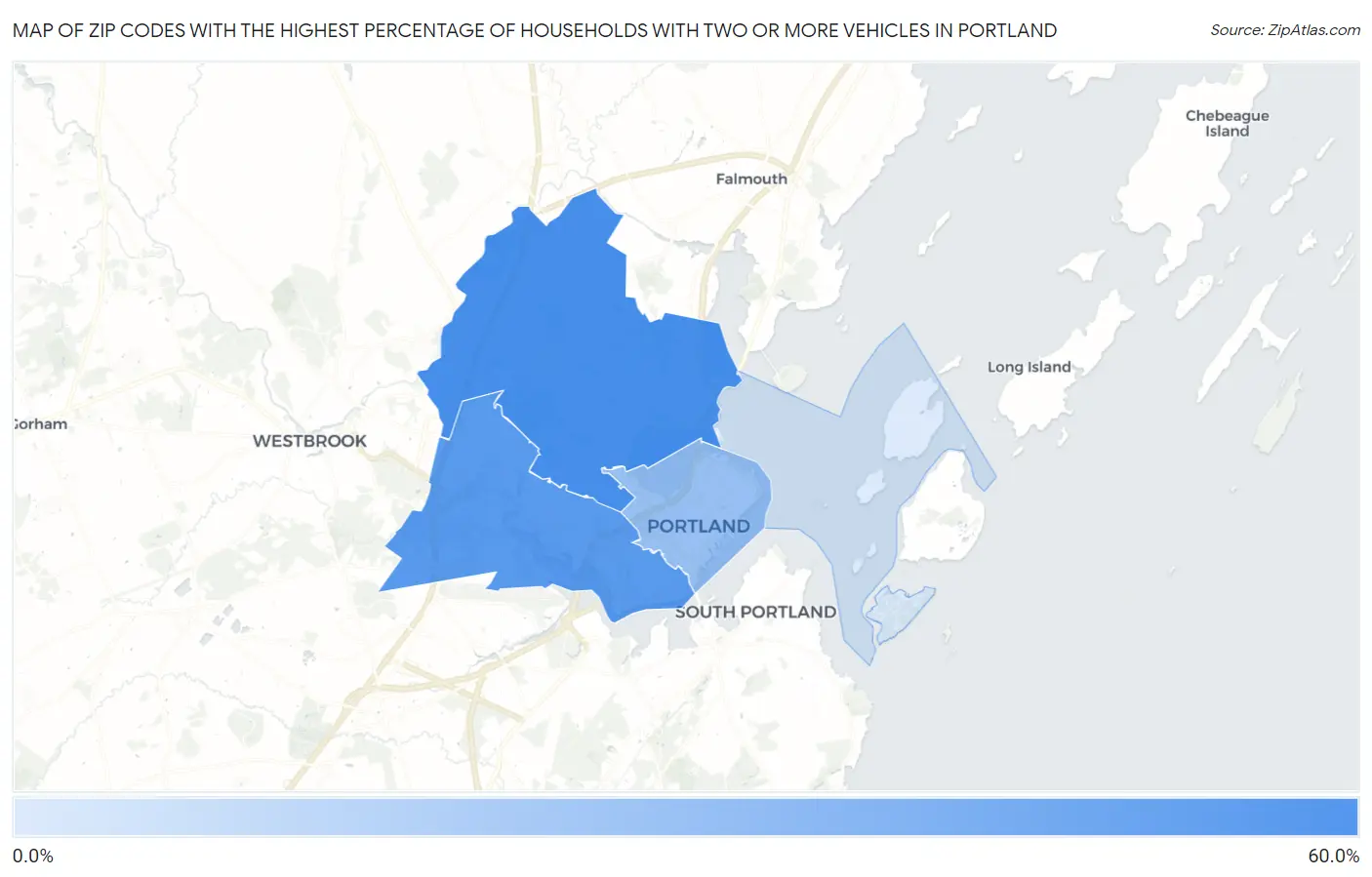 Zip Codes with the Highest Percentage of Households With Two or more Vehicles in Portland Map