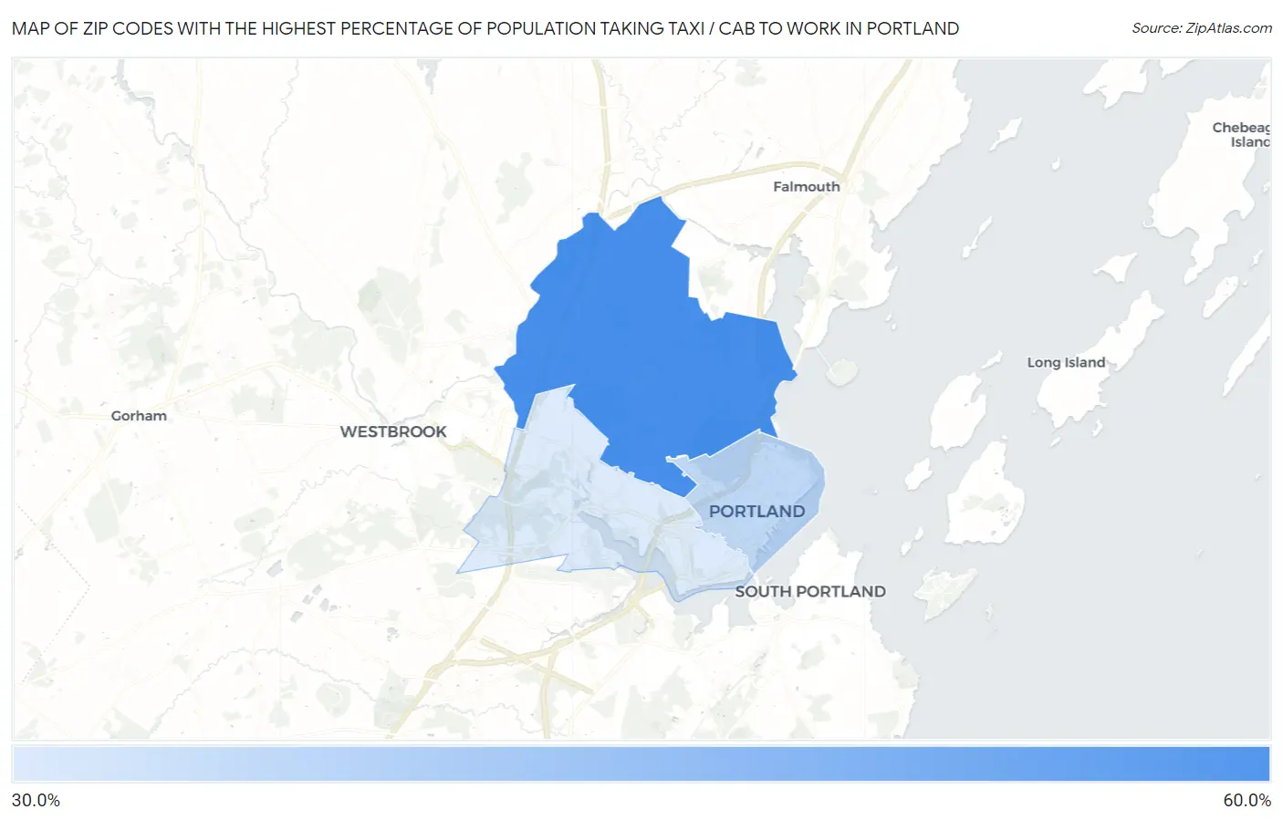 Zip Codes with the Highest Percentage of Population Taking Taxi / Cab to Work in Portland Map