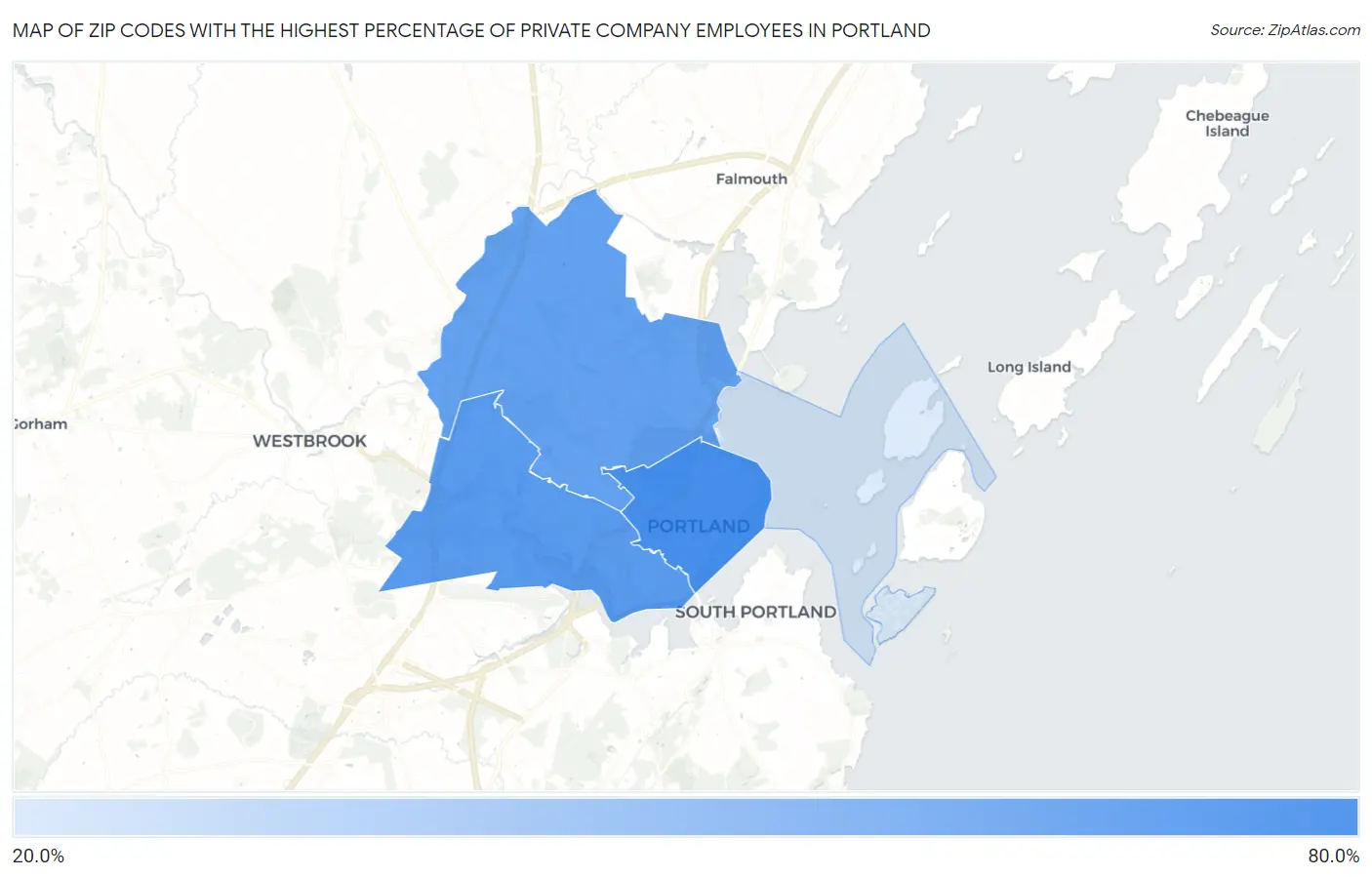 Zip Codes with the Highest Percentage of Private Company Employees in Portland Map