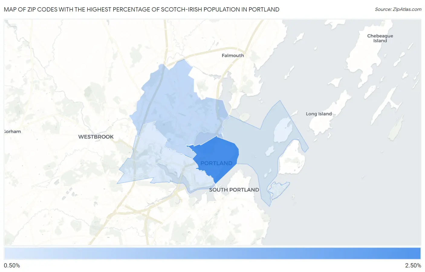 Zip Codes with the Highest Percentage of Scotch-Irish Population in Portland Map