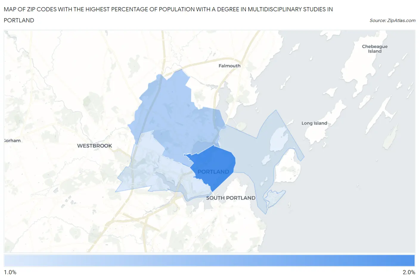 Zip Codes with the Highest Percentage of Population with a Degree in Multidisciplinary Studies in Portland Map