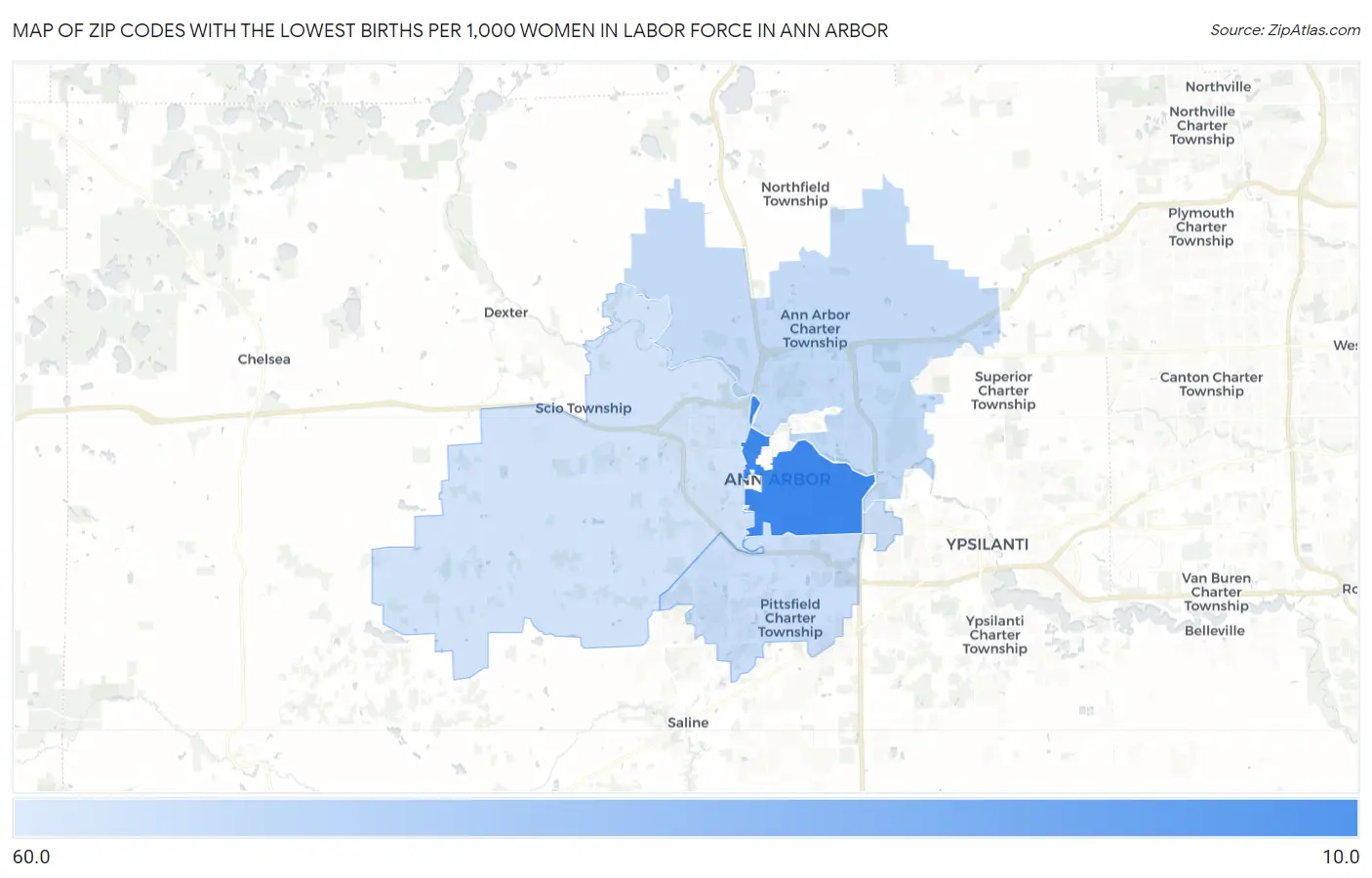 Zip Codes with the Lowest Births per 1,000 Women in Labor Force in Ann Arbor Map