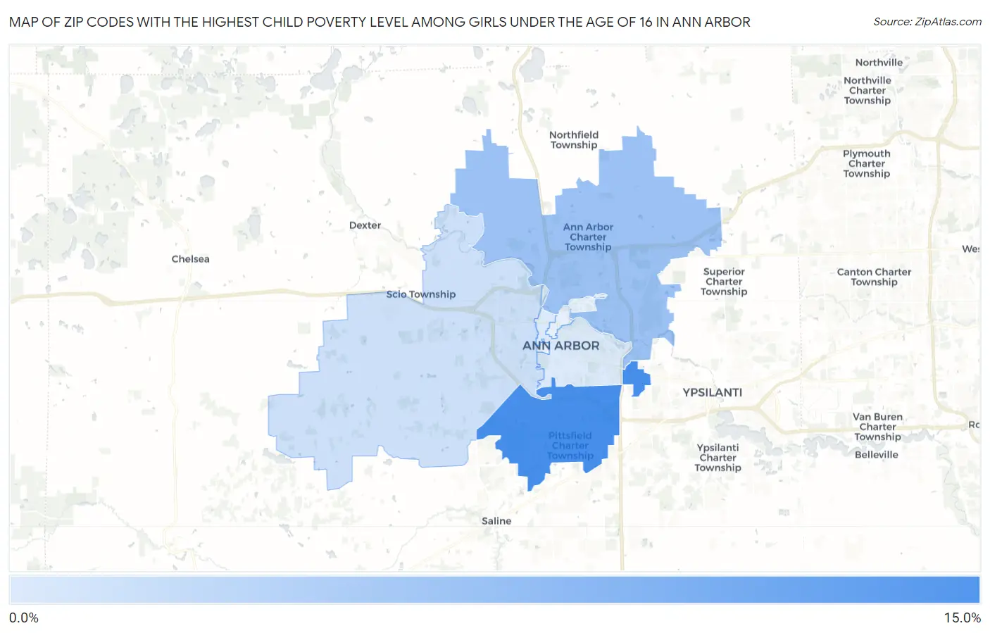 Zip Codes with the Highest Child Poverty Level Among Girls Under the Age of 16 in Ann Arbor Map