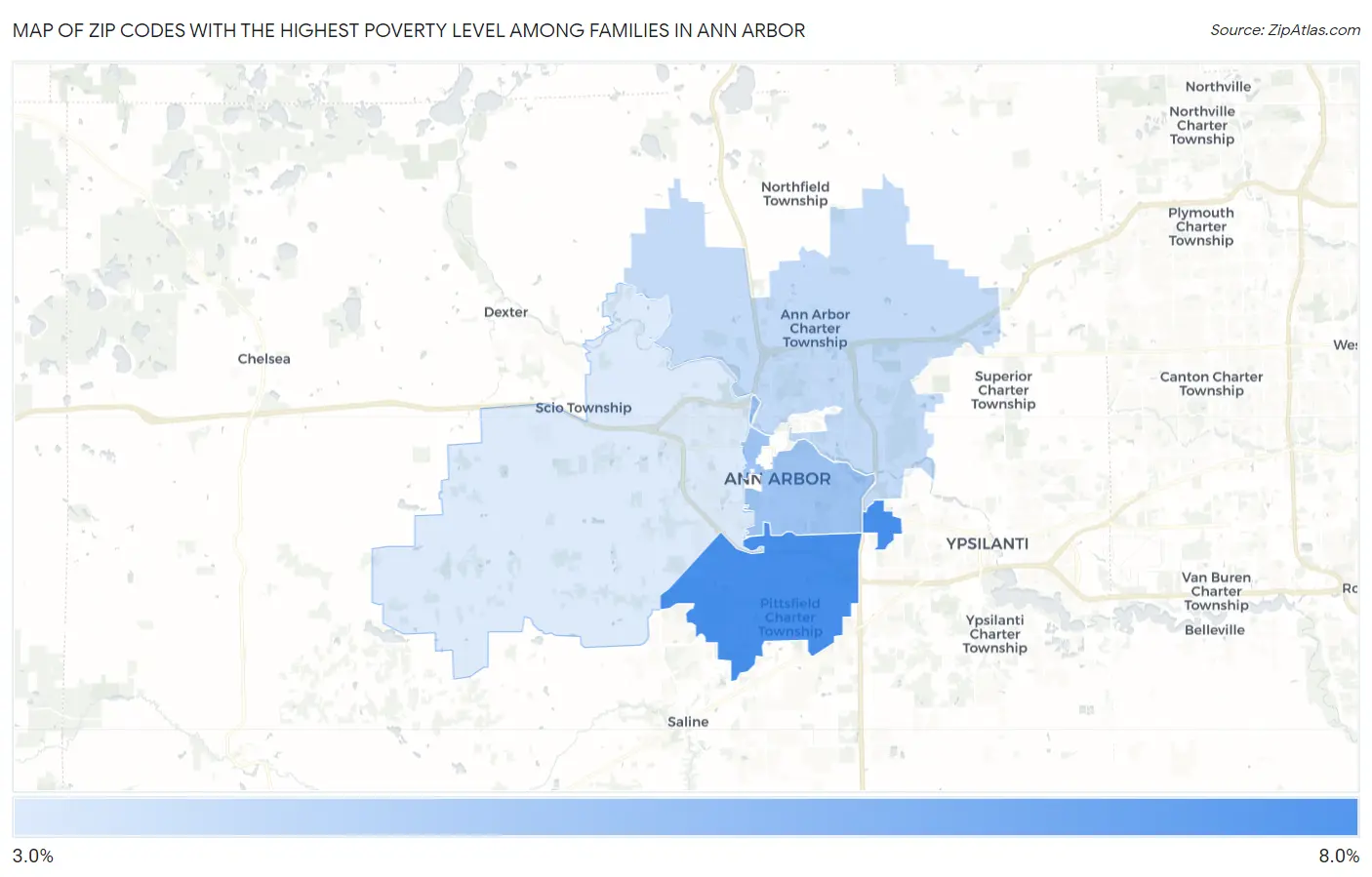 Zip Codes with the Highest Poverty Level Among Families in Ann Arbor Map