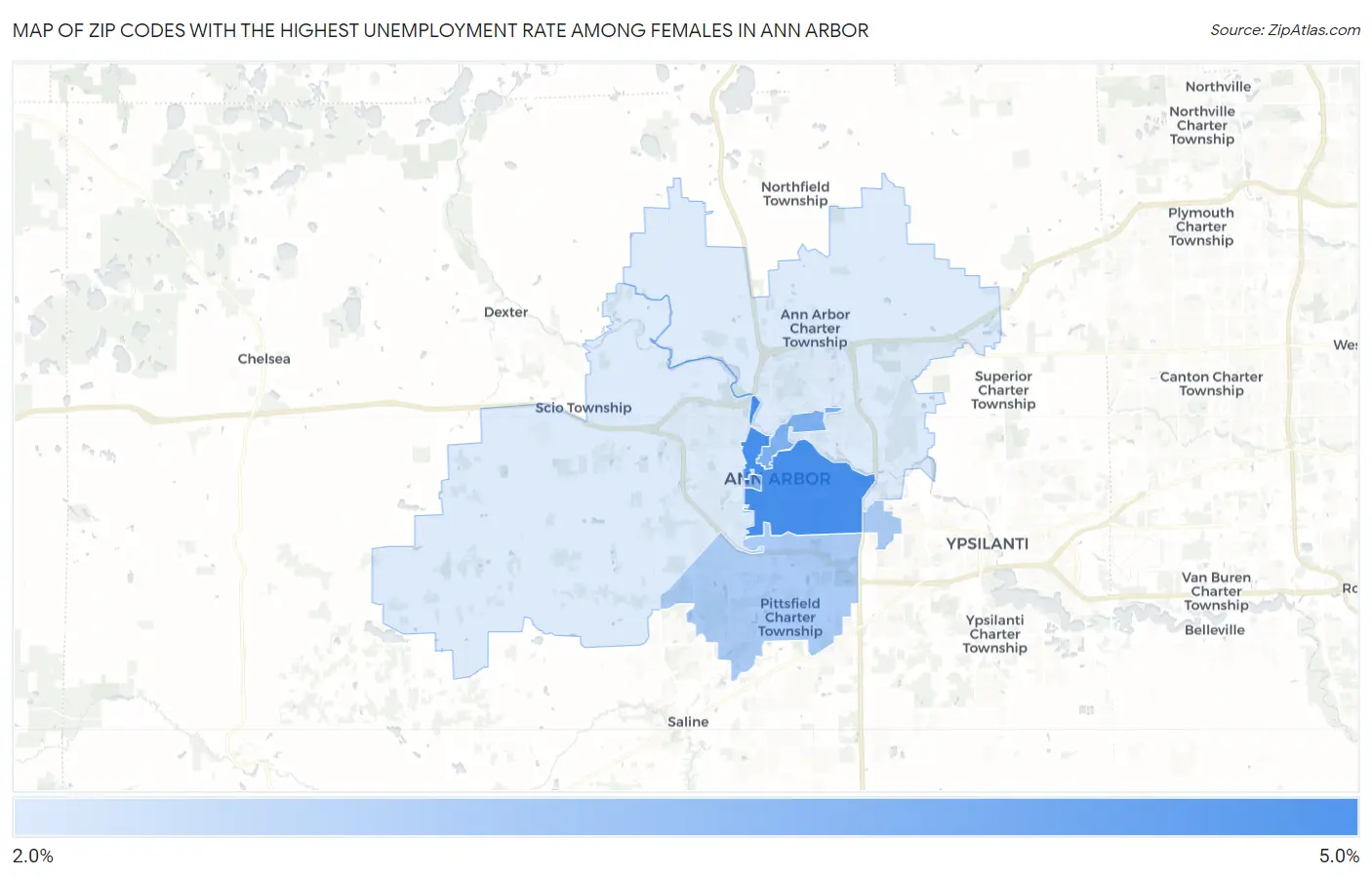 Zip Codes with the Highest Unemployment Rate Among Females in Ann Arbor Map