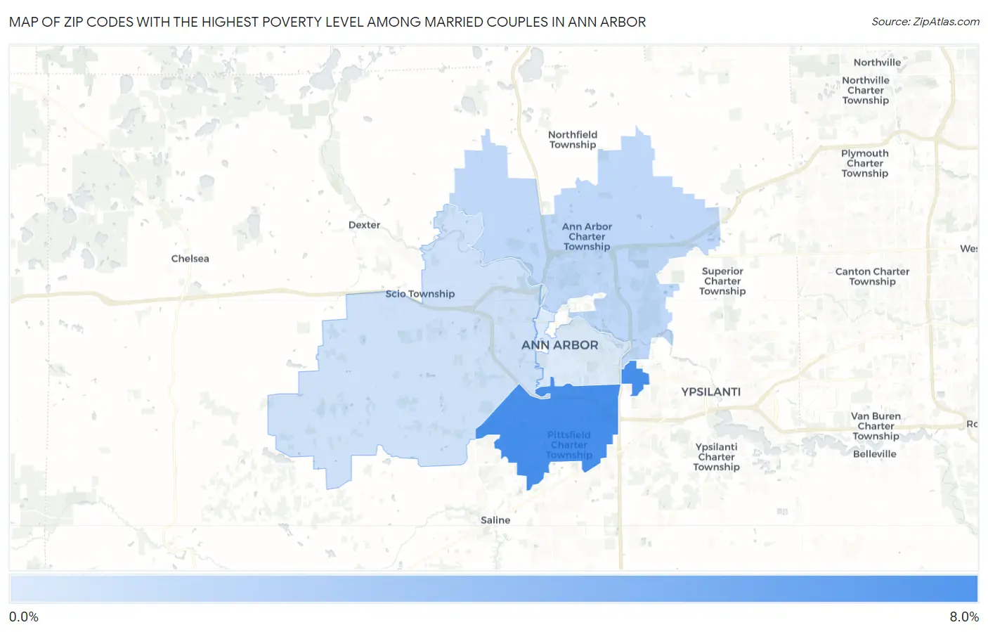 Zip Codes with the Highest Poverty Level Among Married Couples in Ann Arbor Map
