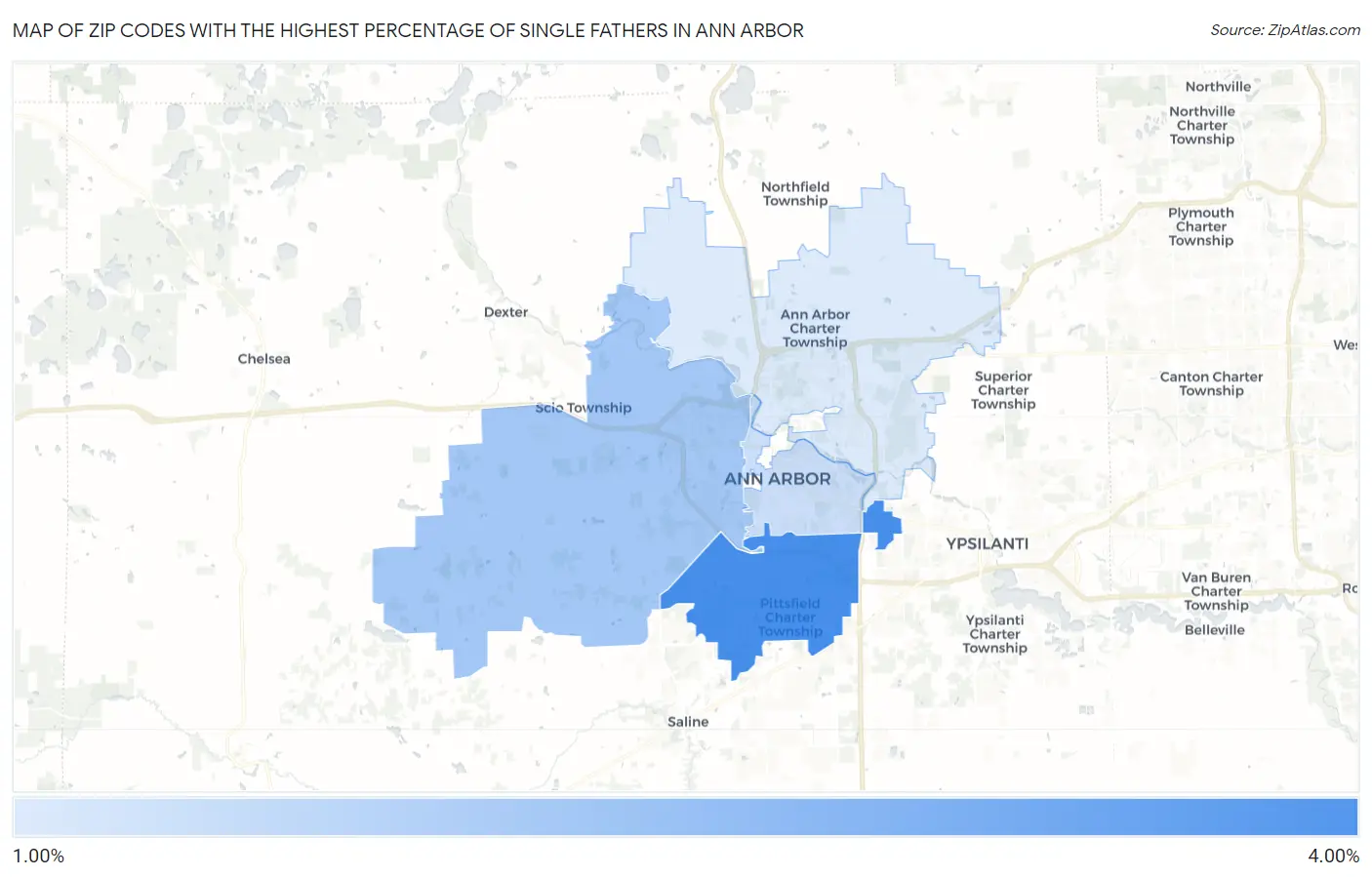 Zip Codes with the Highest Percentage of Single Fathers in Ann Arbor Map