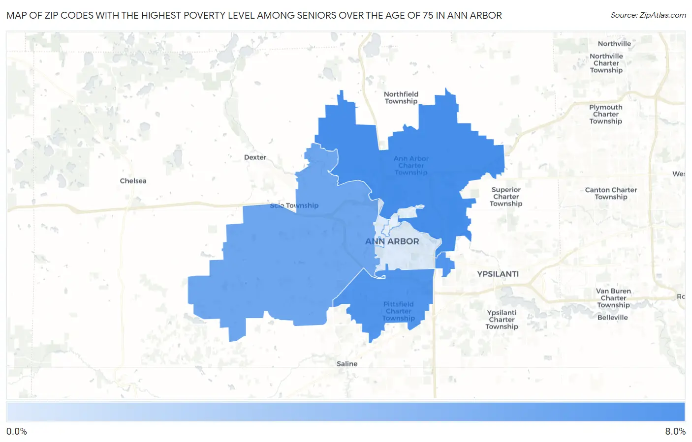 Zip Codes with the Highest Poverty Level Among Seniors Over the Age of 75 in Ann Arbor Map
