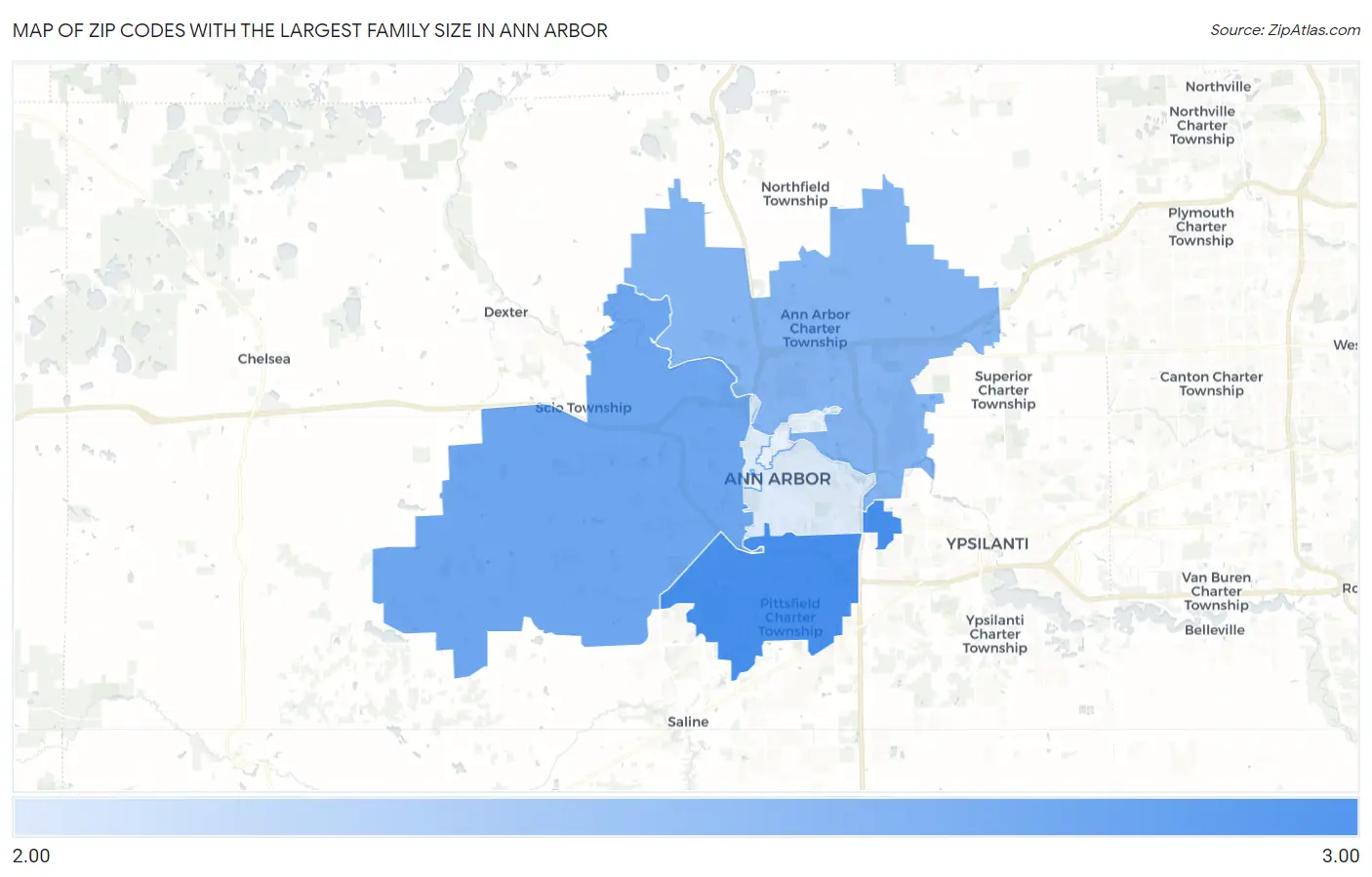 Zip Codes with the Largest Family Size in Ann Arbor Map