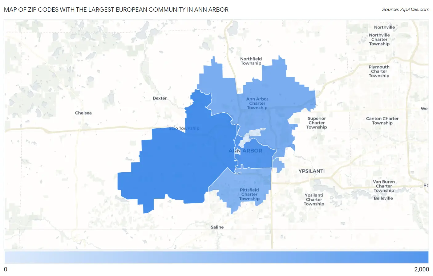 Zip Codes with the Largest European Community in Ann Arbor Map