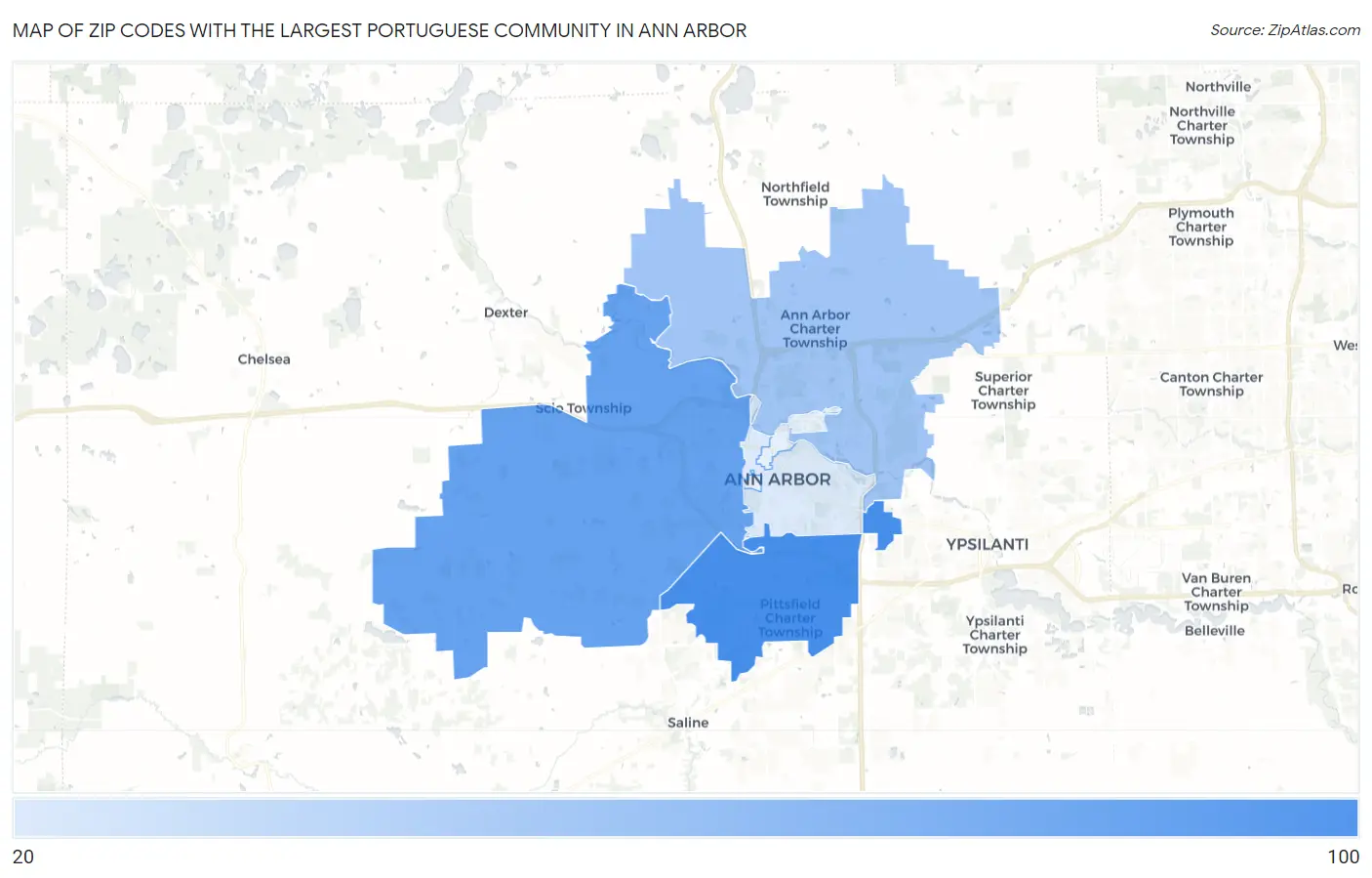 Zip Codes with the Largest Portuguese Community in Ann Arbor Map