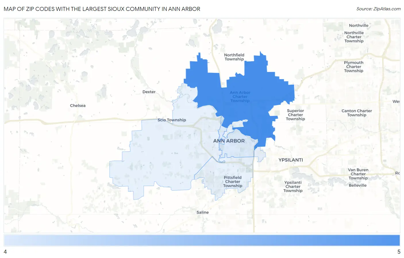 Zip Codes with the Largest Sioux Community in Ann Arbor Map
