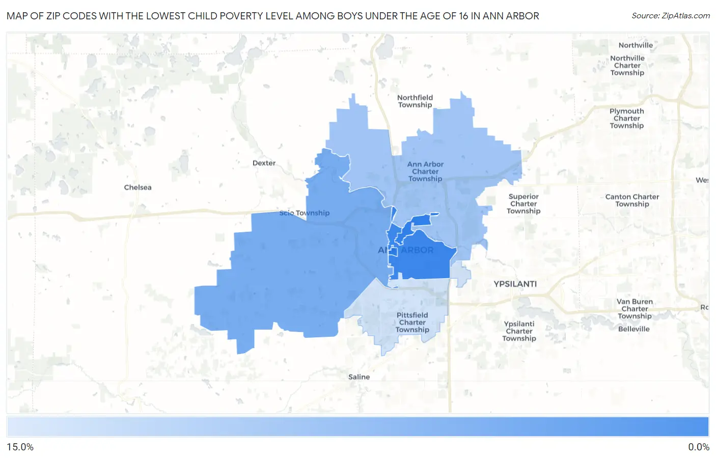 Zip Codes with the Lowest Child Poverty Level Among Boys Under the Age of 16 in Ann Arbor Map