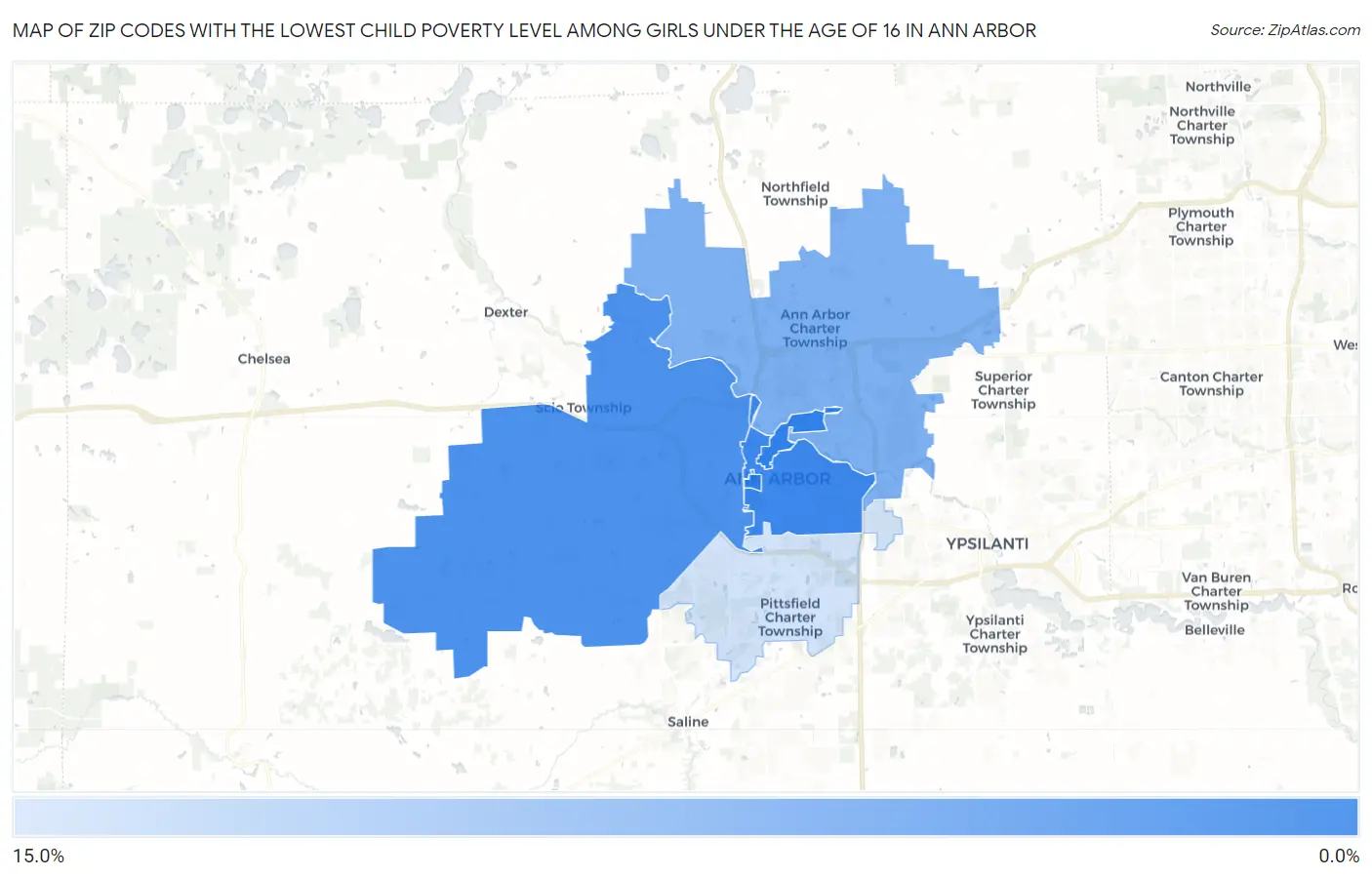 Zip Codes with the Lowest Child Poverty Level Among Girls Under the Age of 16 in Ann Arbor Map