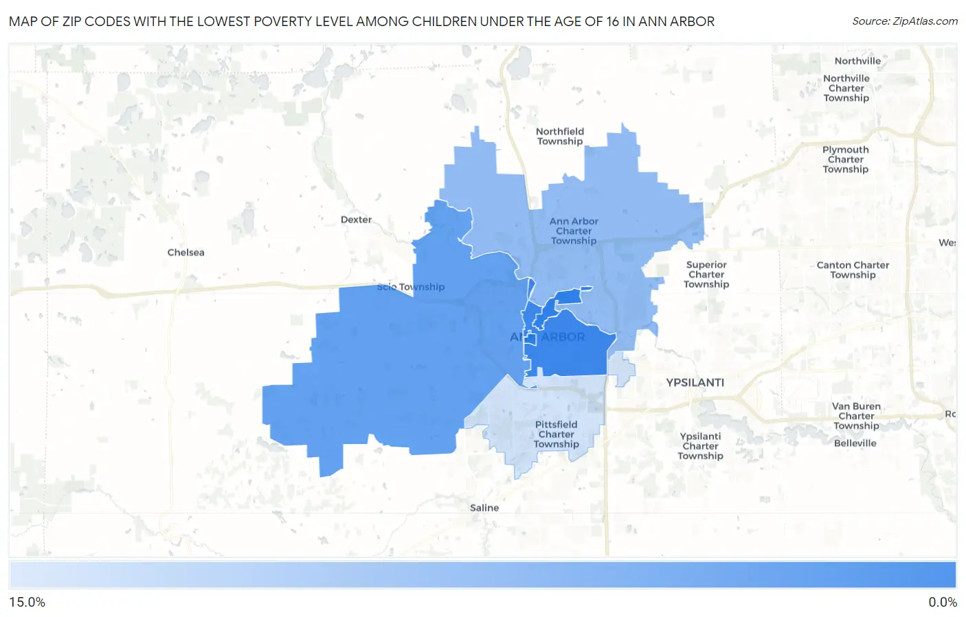 Zip Codes with the Lowest Poverty Level Among Children Under the Age of 16 in Ann Arbor Map