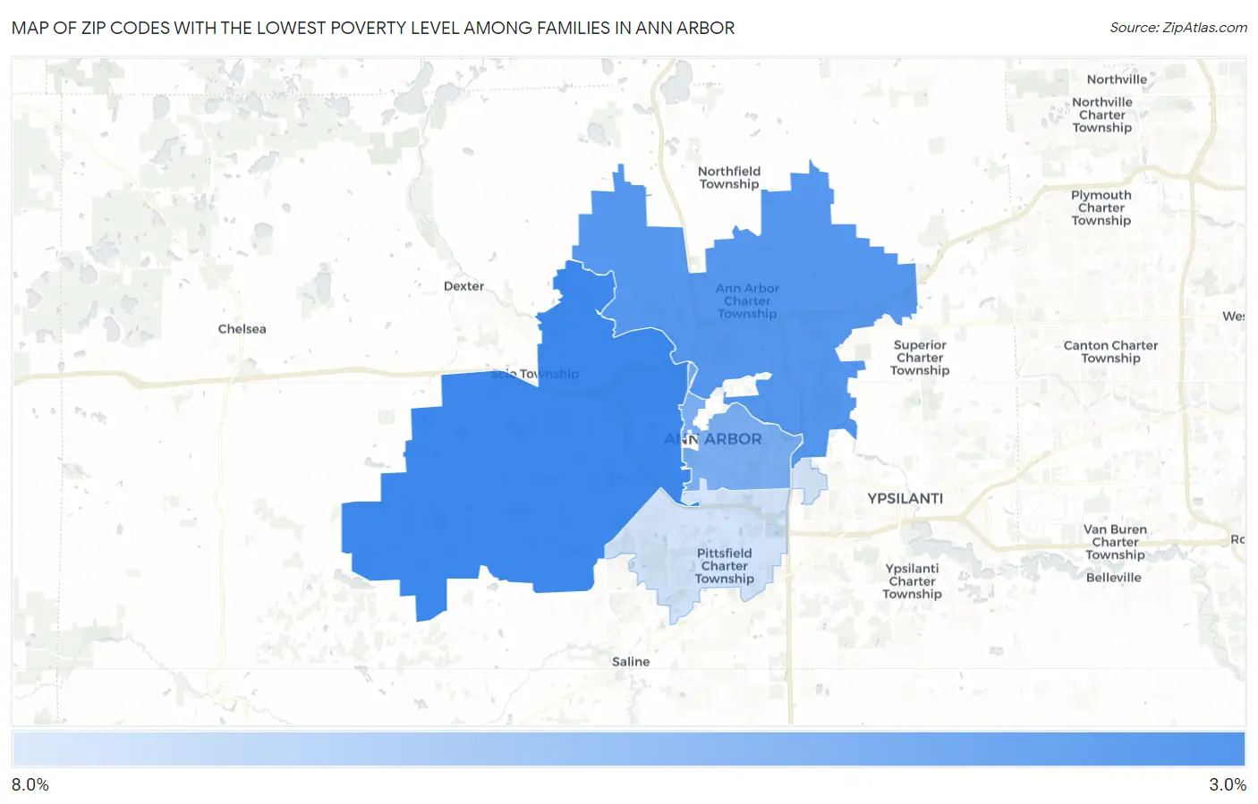 Zip Codes with the Lowest Poverty Level Among Families in Ann Arbor Map