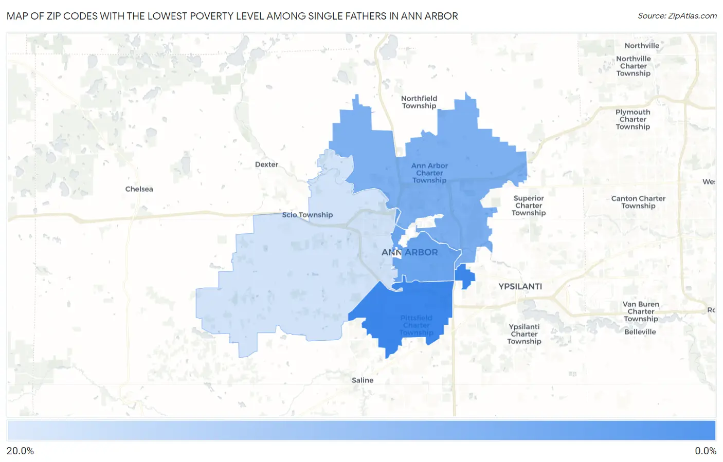 Zip Codes with the Lowest Poverty Level Among Single Fathers in Ann Arbor Map