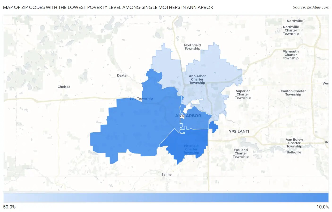 Zip Codes with the Lowest Poverty Level Among Single Mothers in Ann Arbor Map