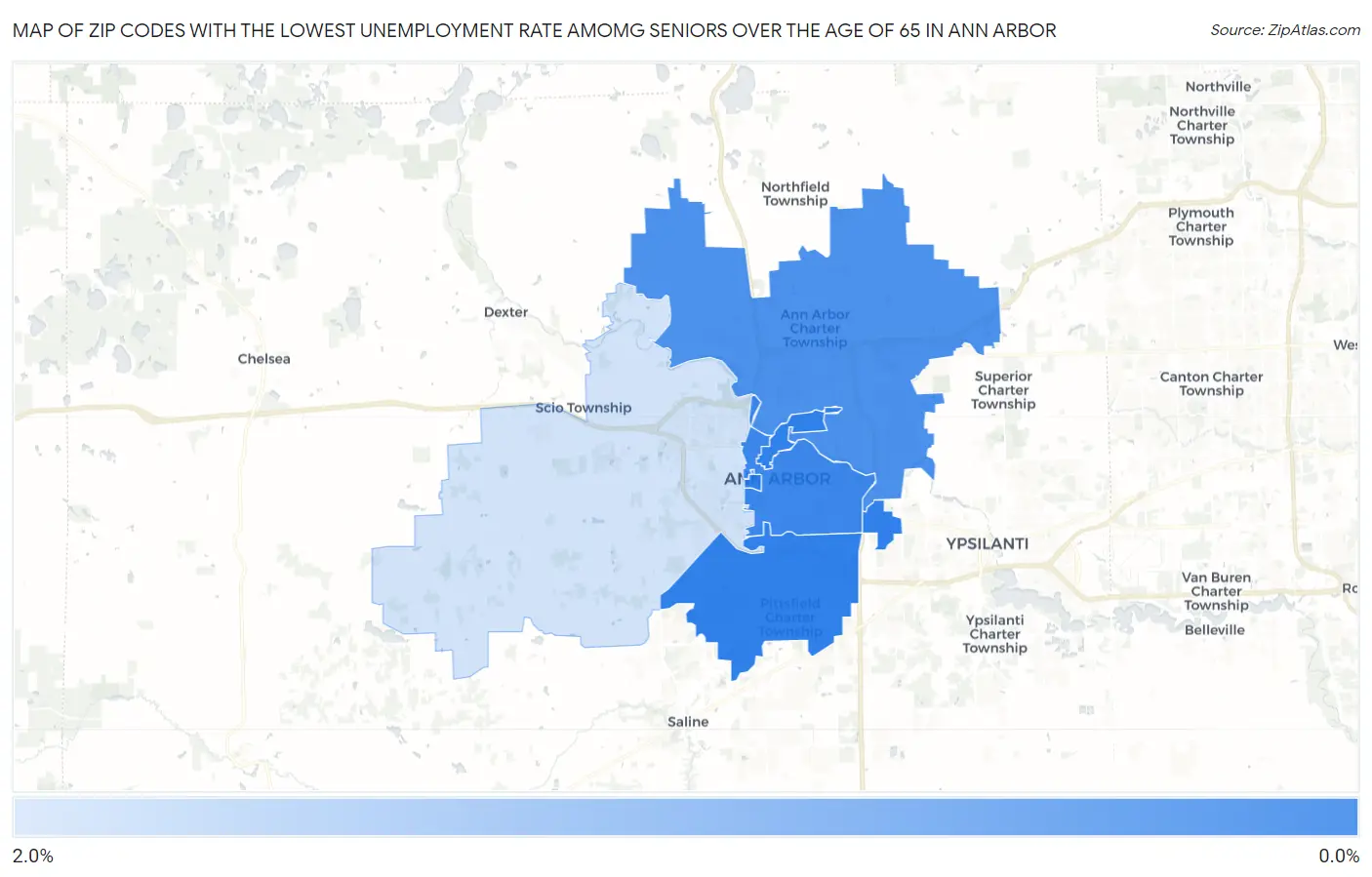 Zip Codes with the Lowest Unemployment Rate Amomg Seniors Over the Age of 65 in Ann Arbor Map