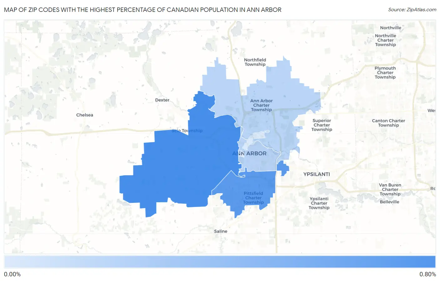 Zip Codes with the Highest Percentage of Canadian Population in Ann Arbor Map