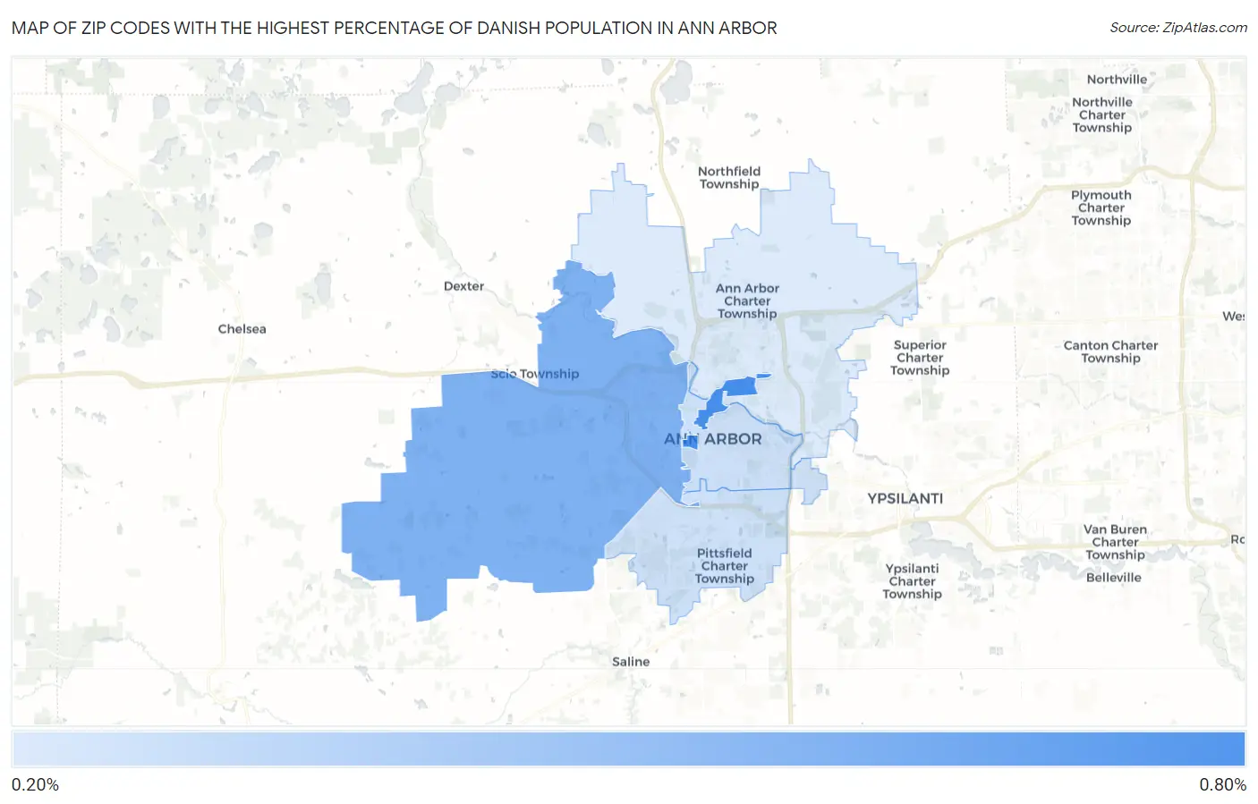 Zip Codes with the Highest Percentage of Danish Population in Ann Arbor Map