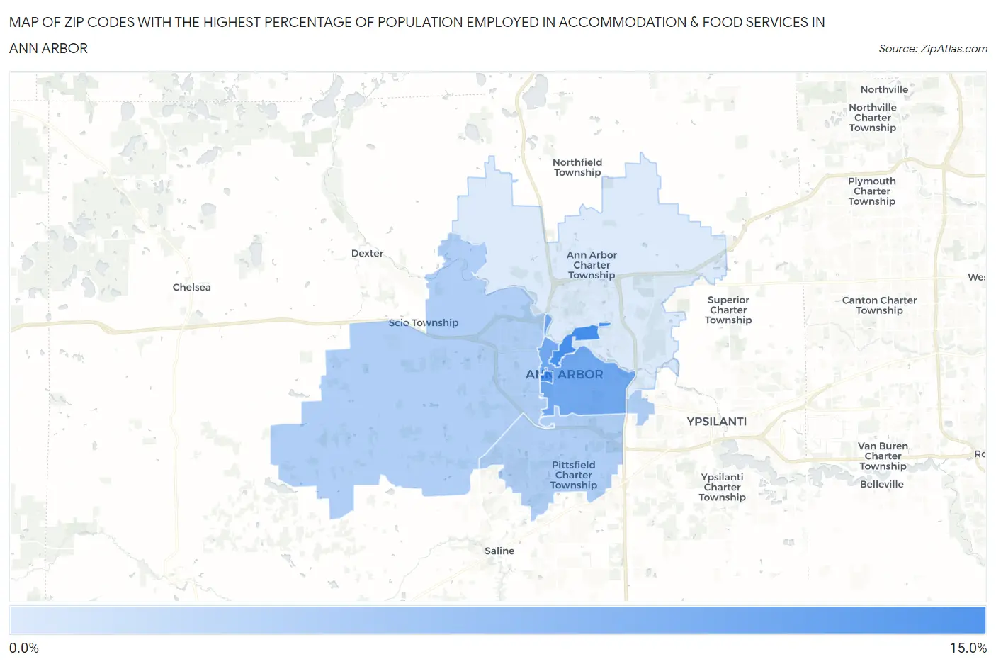 Zip Codes with the Highest Percentage of Population Employed in Accommodation & Food Services in Ann Arbor Map