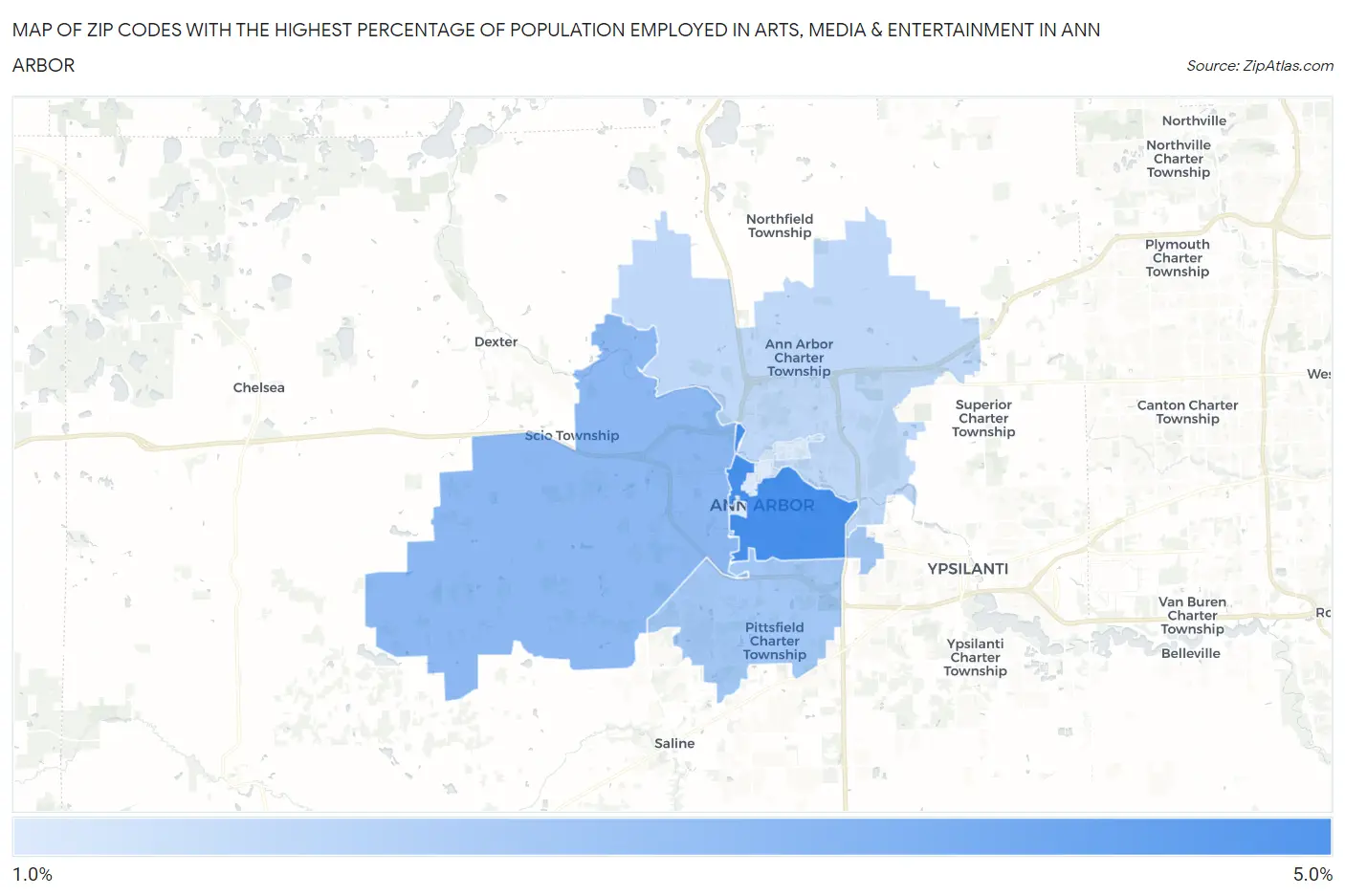 Zip Codes with the Highest Percentage of Population Employed in Arts, Media & Entertainment in Ann Arbor Map