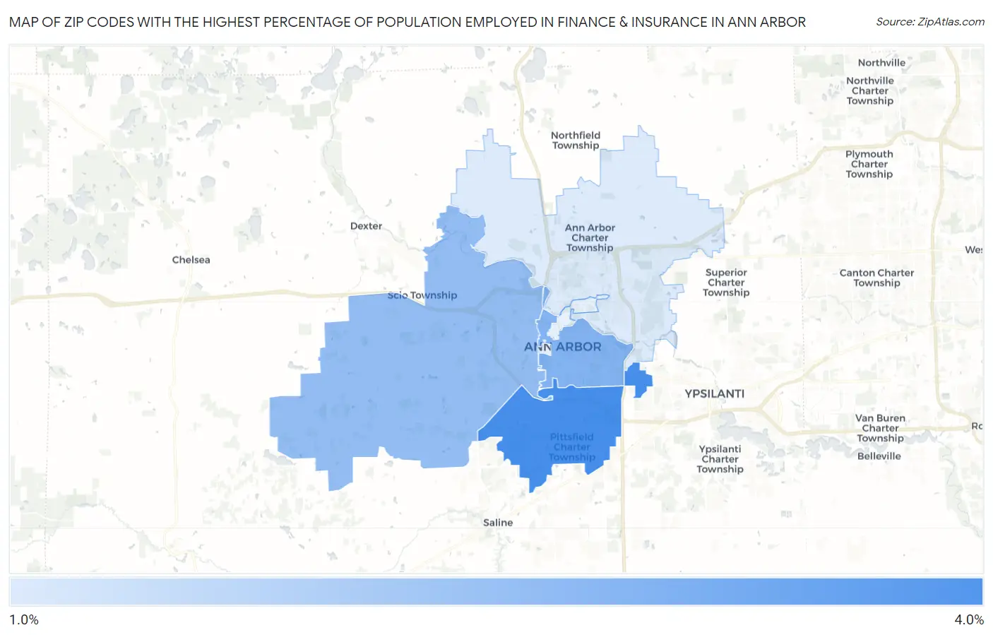 Zip Codes with the Highest Percentage of Population Employed in Finance & Insurance in Ann Arbor Map